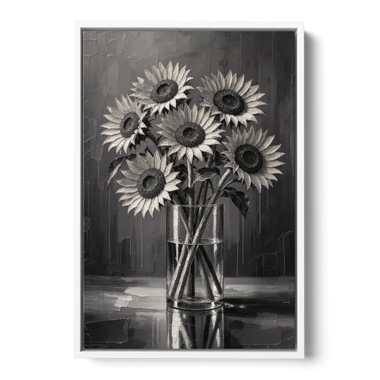 Black and White Sunflower Bouquet in a Glass Vase - White Framed Canvas Wall Art - Front