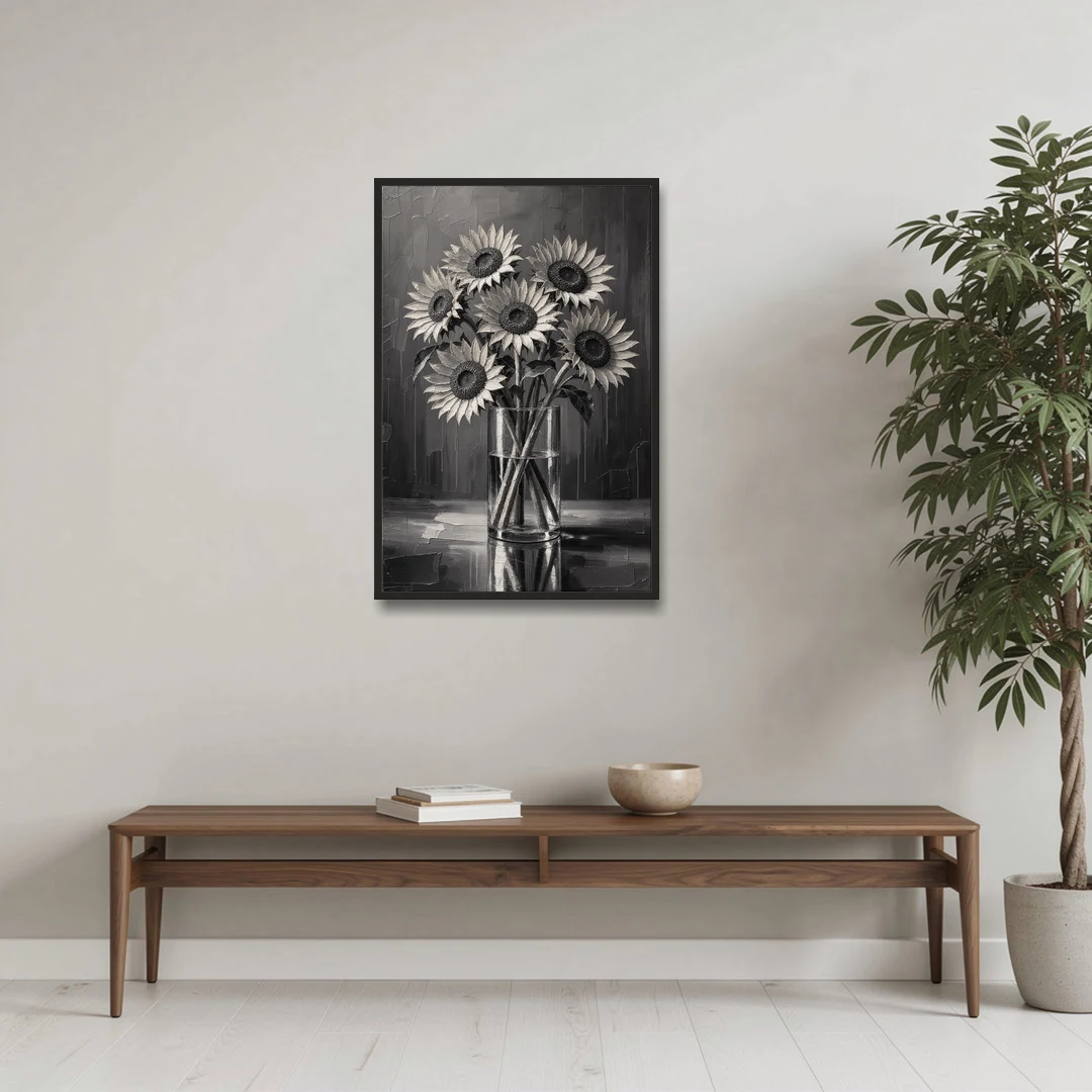 Black and White Sunflower Bouquet in a Glass Vase - Black Framed Canvas Wall Art - Coffee Table - 24x36