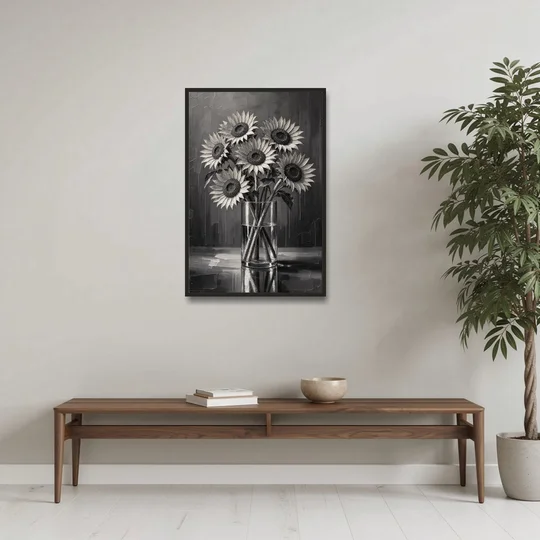 Black and White Sunflower Bouquet in a Glass Vase - Black Framed Canvas Wall Art - Coffee Table - 24x36