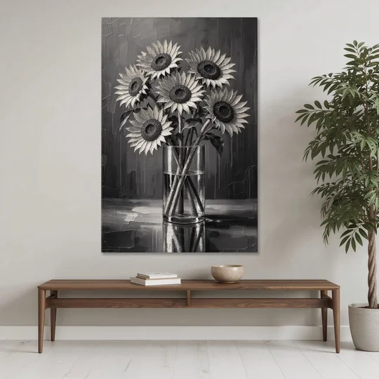 Black and White Sunflower Bouquet in a Glass Vase - Canvas Wall Art - Coffee Table - 40x60