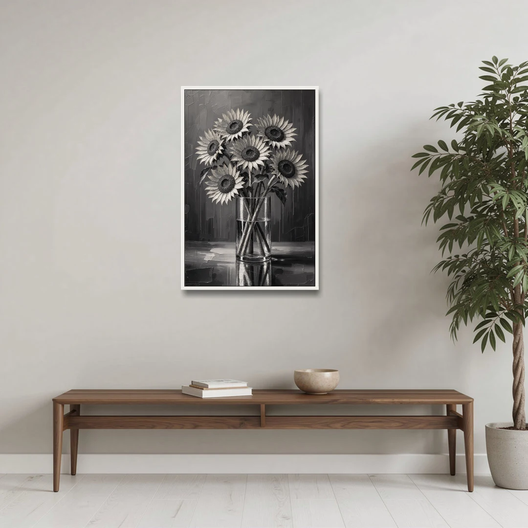 Black and White Sunflower Bouquet in a Glass Vase - White Framed Canvas Wall Art - Coffee Table - 24x36