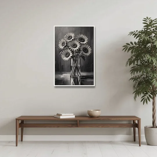 Black and White Sunflower Bouquet in a Glass Vase - White Framed Canvas Wall Art - Coffee Table - 24x36