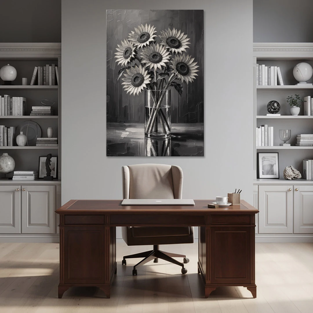 Black and White Sunflower Bouquet in a Glass Vase - Canvas Wall Art - Office - 40x60