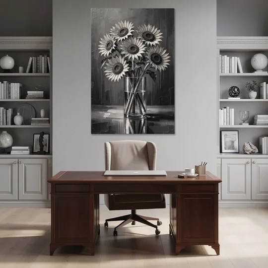 Black and White Sunflower Bouquet in a Glass Vase - Canvas Wall Art - Office - 40x60