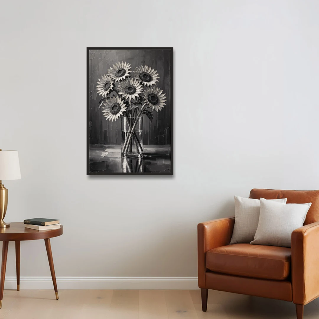 Black and White Sunflower Bouquet in a Glass Vase - Black Framed Canvas Wall Art - Sofa - 24x36