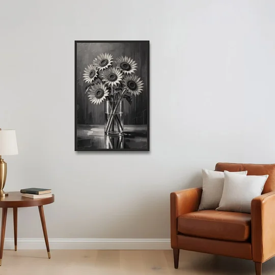 Black and White Sunflower Bouquet in a Glass Vase - Black Framed Canvas Wall Art - Sofa - 24x36