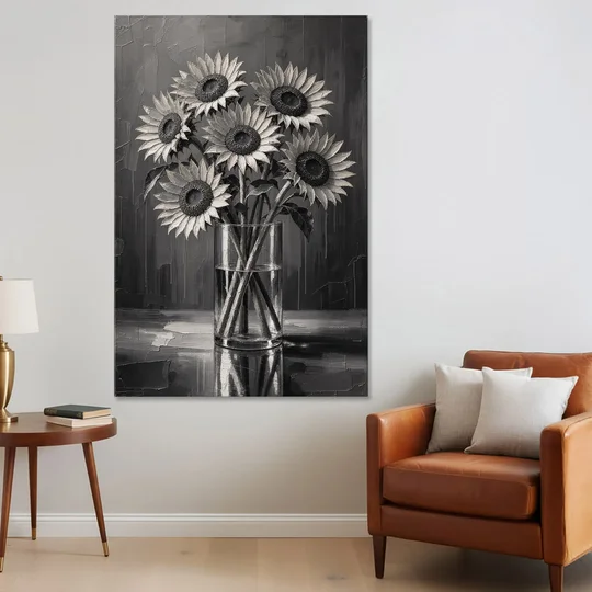 Black and White Sunflower Bouquet in a Glass Vase - Canvas Wall Art - Sofa - 40x60