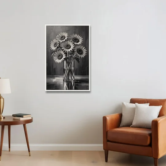 Black and White Sunflower Bouquet in a Glass Vase - White Framed Canvas Wall Art - Sofa - 24x36