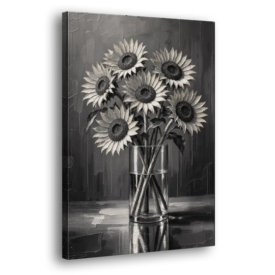 Black and White Sunflower Bouquet in a Glass Vase - Canvas Wall Art - Side