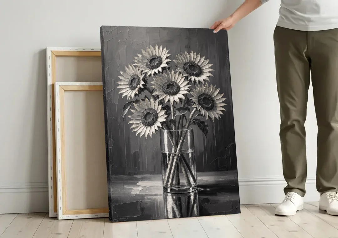 Black and White Sunflower Bouquet in a Glass Vase canvas wall art leaning against a wall next to blank canvases