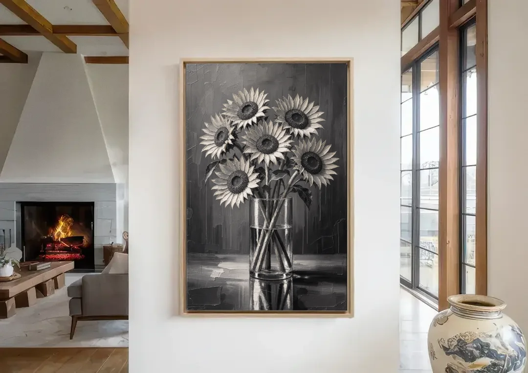 Black and White Sunflower Bouquet in a Glass Vase canvas wall art in a living room with a fireplace
