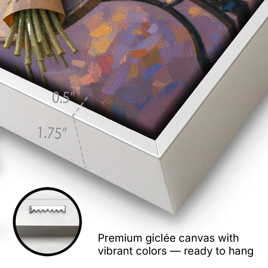 Sunflower Bouquet Painting on a Café Table - White Framed Canvas Wall Art - Gallery Wrap Corner