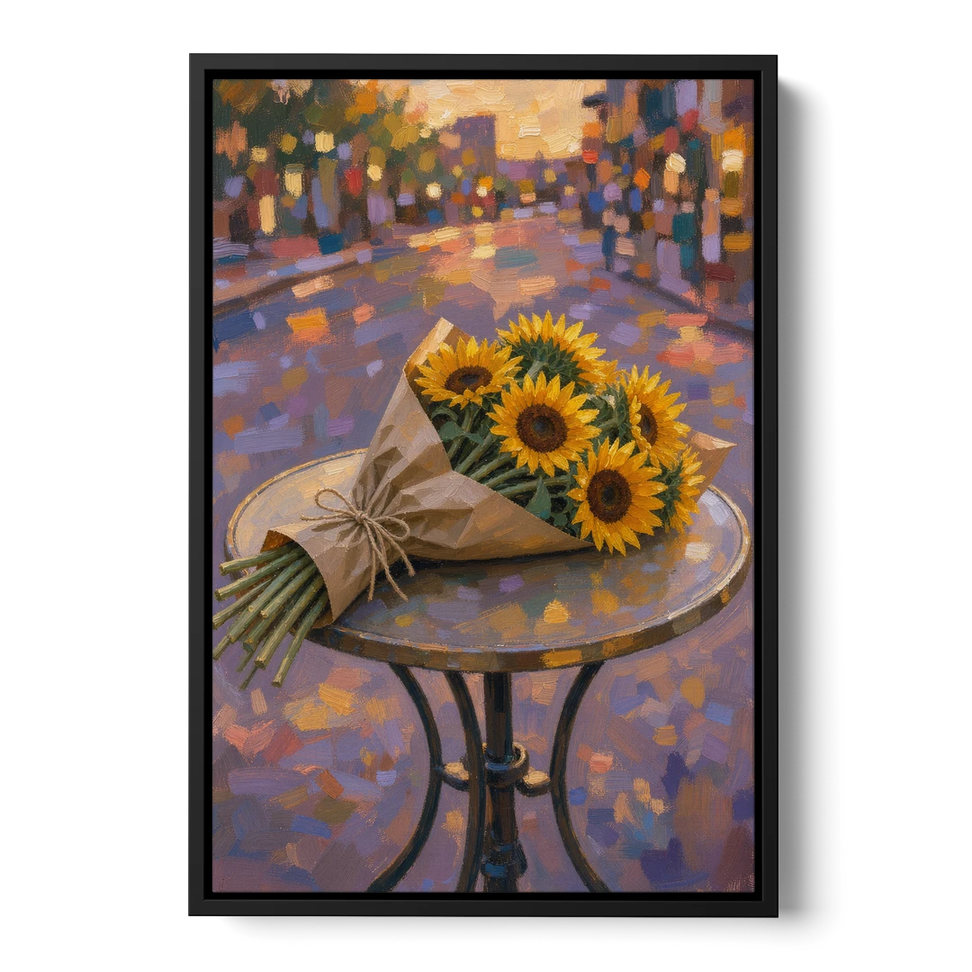 Sunflower Bouquet Painting on a Café Table - Black Framed Canvas Wall Art - Front