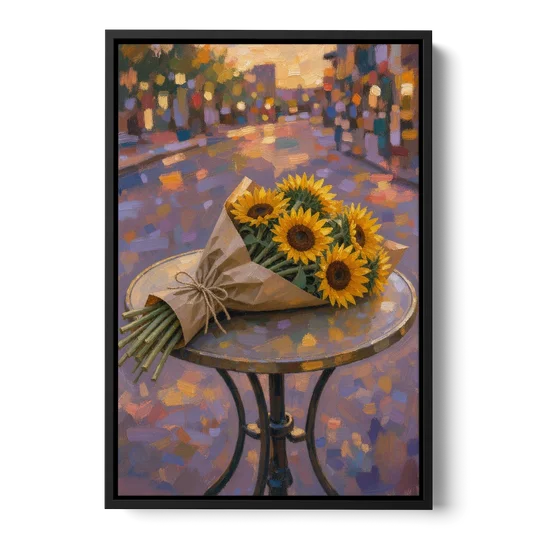 Sunflower Bouquet Painting on a Café Table - Black Framed Canvas Wall Art - Front