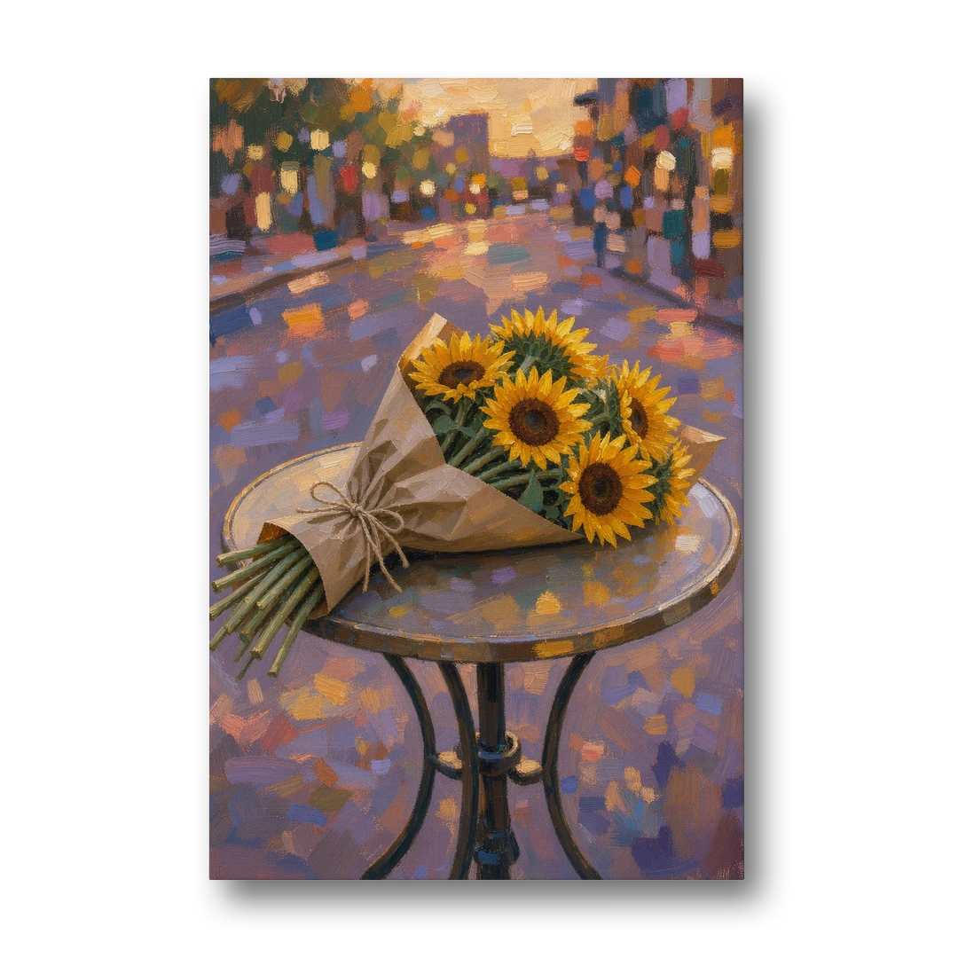 Sunflower Bouquet Painting on a Café Table - Canvas Wall Art - Front