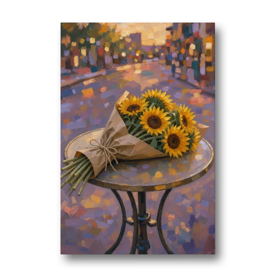 Sunflower Bouquet Painting on a Café Table - Canvas Wall Art - Front