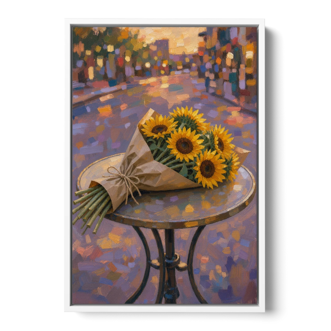 Sunflower Bouquet Painting on a Café Table - White Framed Canvas Wall Art - Front