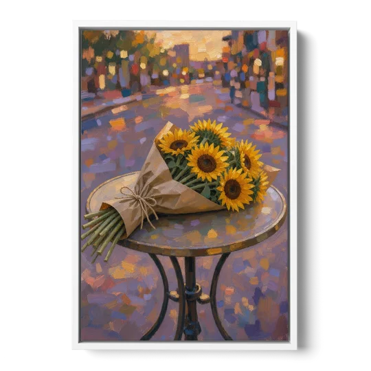 Sunflower Bouquet Painting on a Café Table - White Framed Canvas Wall Art - Front