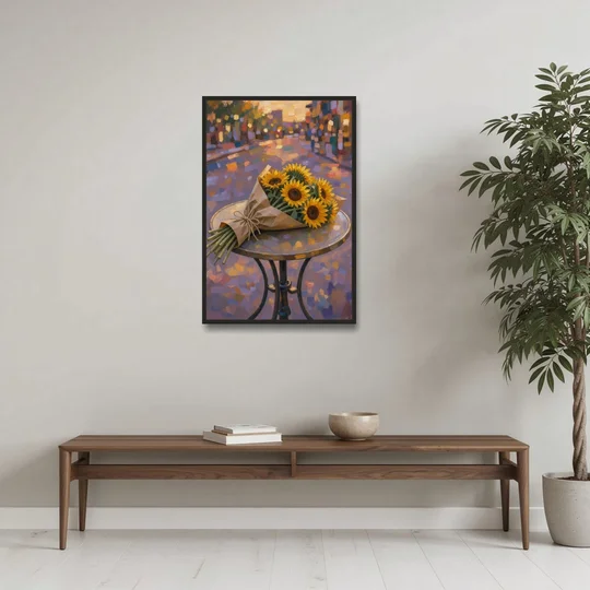 Sunflower Bouquet Painting on a Café Table - Black Framed Canvas Wall Art - Coffee Table - 24x36