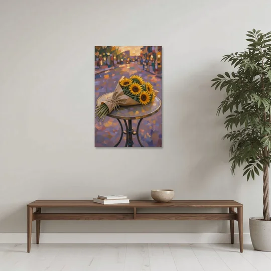 Sunflower Bouquet Painting on a Café Table - Canvas Wall Art - Coffee Table - 24x36