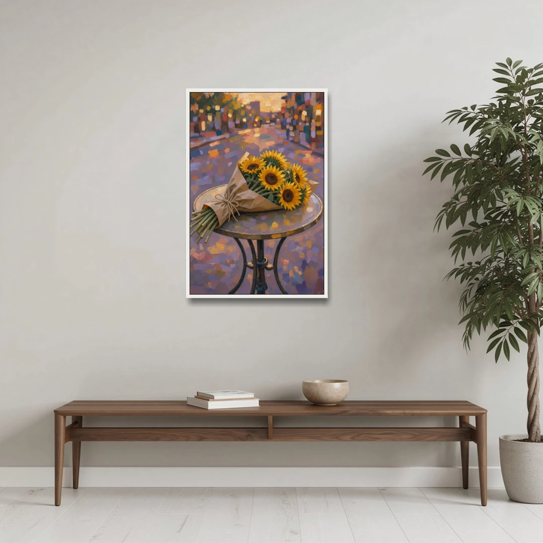 Sunflower Bouquet Painting on a Café Table - White Framed Canvas Wall Art - Coffee Table - 24x36