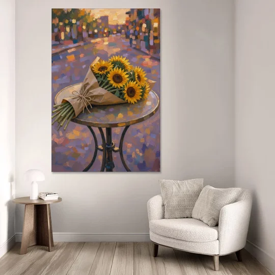 Sunflower Bouquet Painting on a Café Table - Canvas Wall Art - Sofa - 40x60