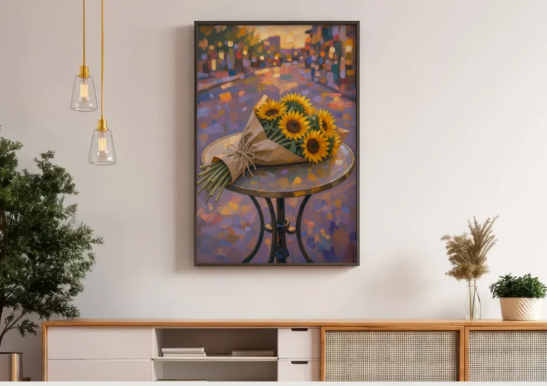 Sunflower Bouquet Painting on a Café Table canvas wall art above a wooden sideboard under pendant lights