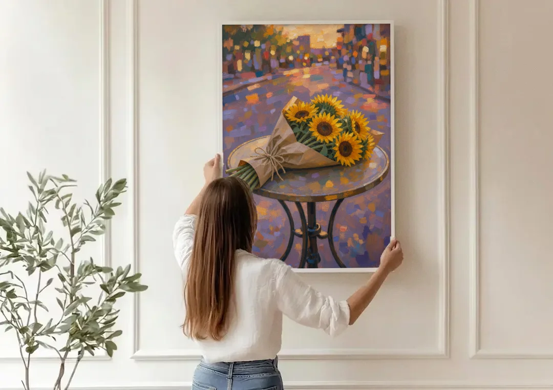 Sunflower Bouquet Painting on a Café Table canvas wall art being hung on a paneled wall