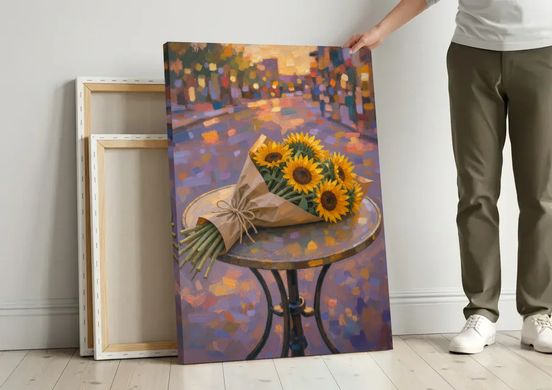 Sunflower Bouquet Painting on a Café Table canvas wall art leaning against a wall next to blank canvases