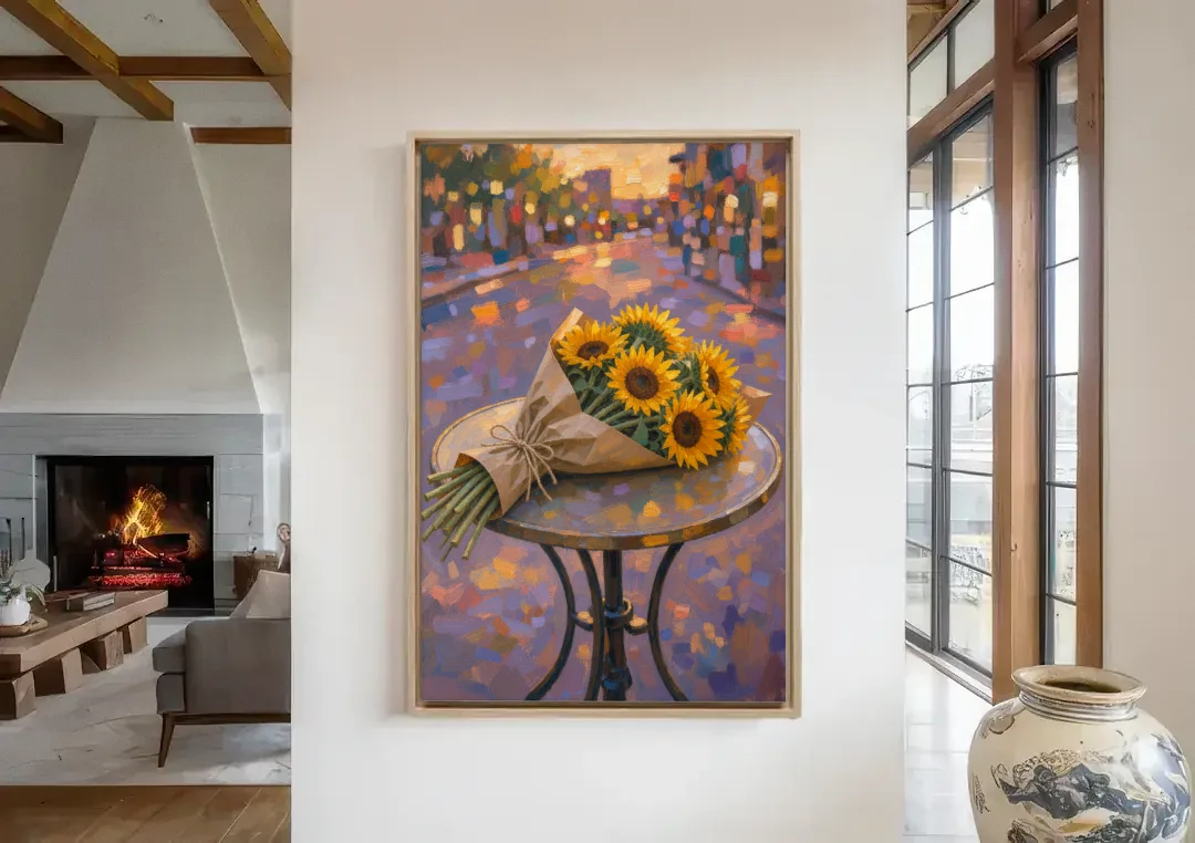 Sunflower Bouquet Painting on a Café Table canvas wall art in a living room with a fireplace