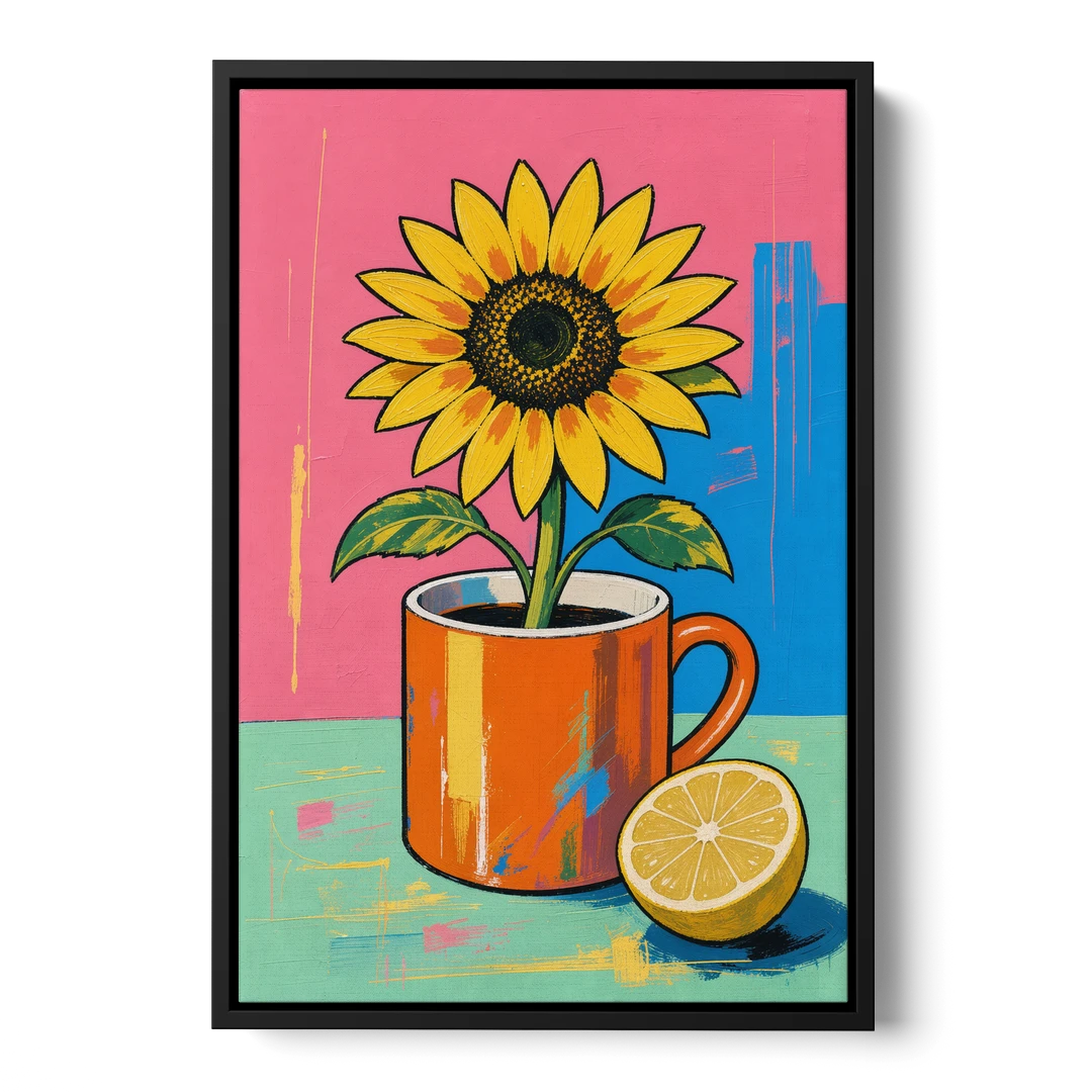 Sunflower Coffee Mug with Lemon for the Kitchen - Black Framed Canvas Wall Art - Front
