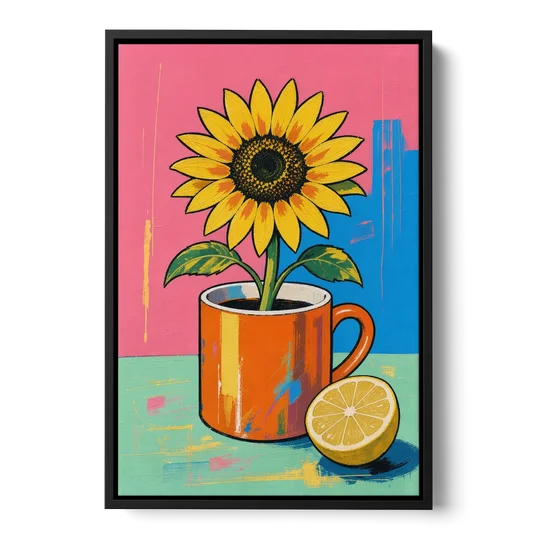 Sunflower Coffee Mug with Lemon for the Kitchen - Black Framed Canvas Wall Art - Front