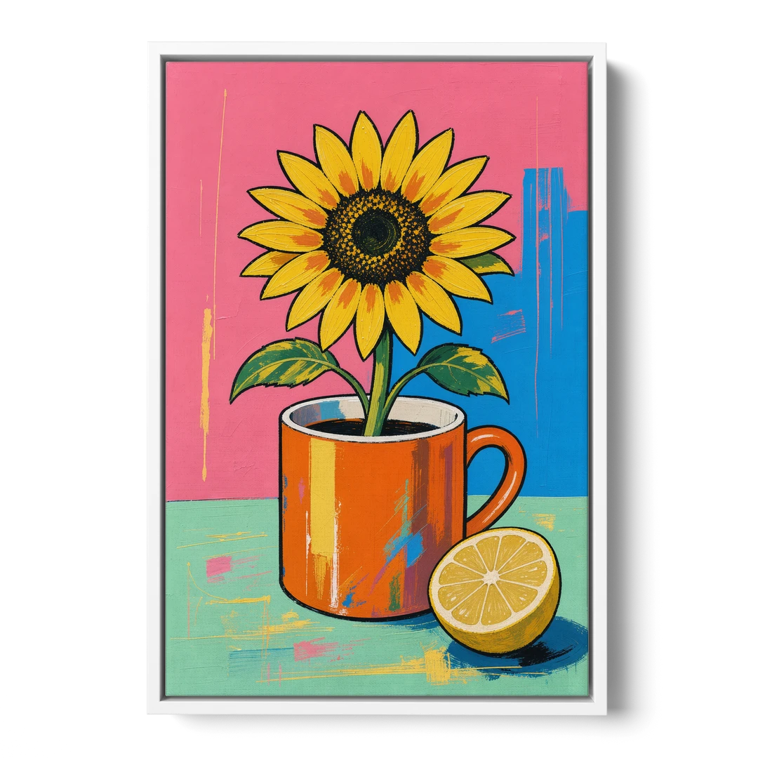 Sunflower Coffee Mug with Lemon for the Kitchen - White Framed Canvas Wall Art - Front