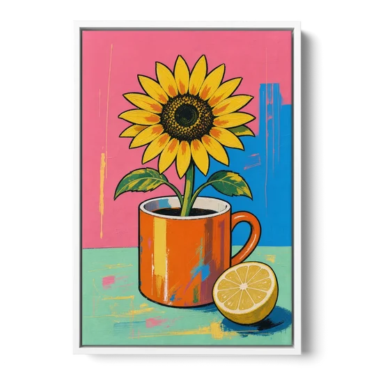 Sunflower Coffee Mug with Lemon for the Kitchen - White Framed Canvas Wall Art - Front