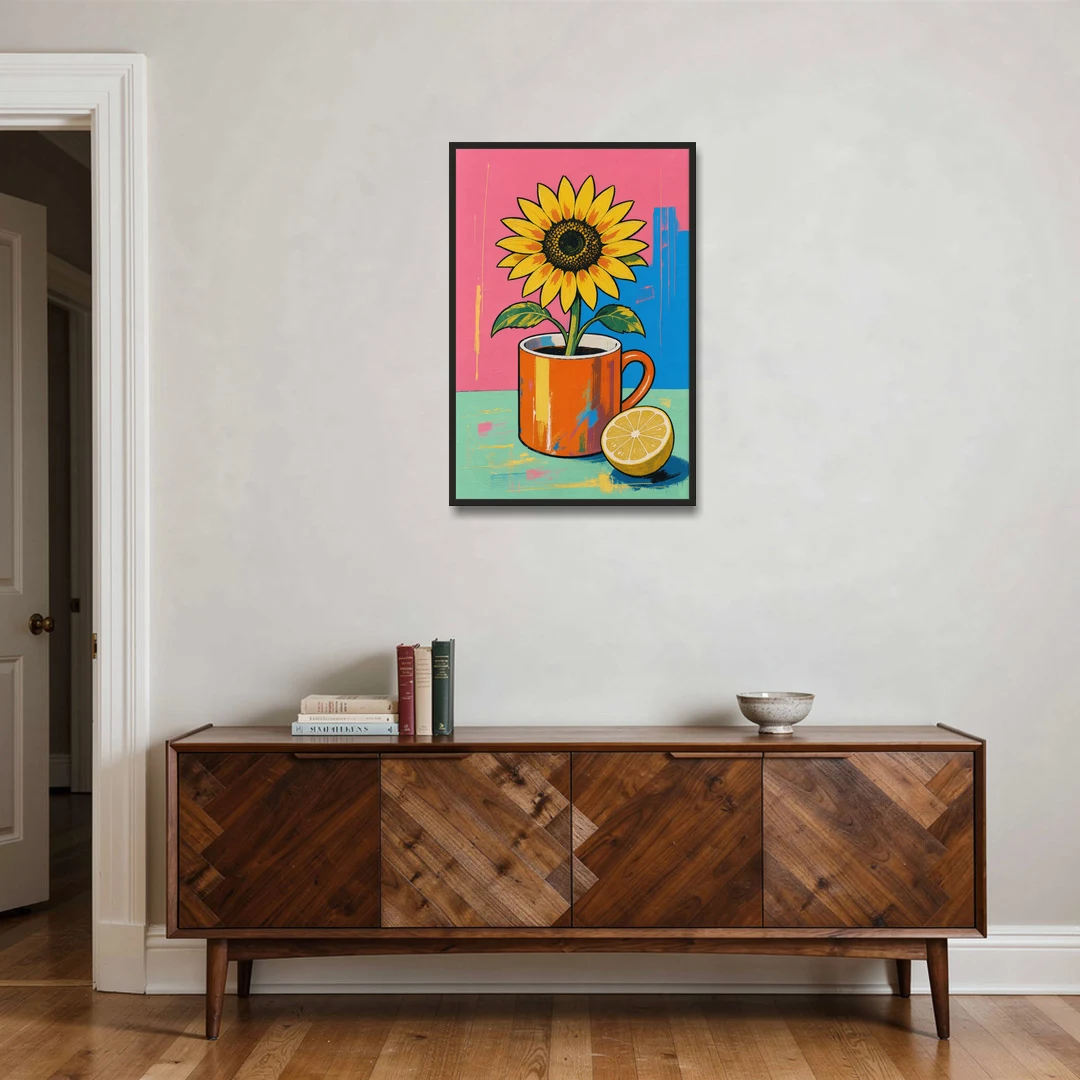 Sunflower Coffee Mug with Lemon for the Kitchen - Black Framed Canvas Wall Art - Coffee Table - 24x36