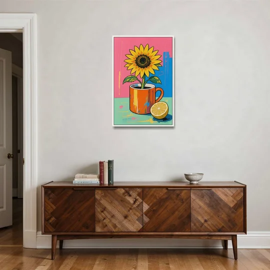 Sunflower Coffee Mug with Lemon for the Kitchen - White Framed Canvas Wall Art - Coffee Table - 24x36