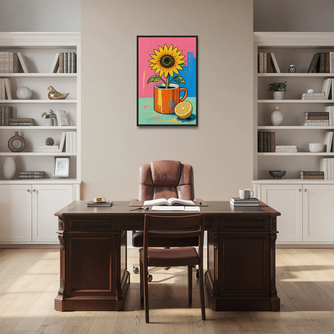 Sunflower Coffee Mug with Lemon for the Kitchen - Black Framed Canvas Wall Art - Office - 24x36