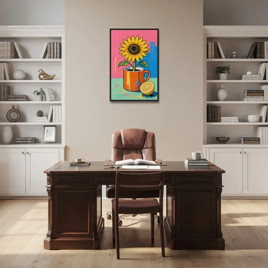 Sunflower Coffee Mug with Lemon for the Kitchen - Black Framed Canvas Wall Art - Office - 24x36