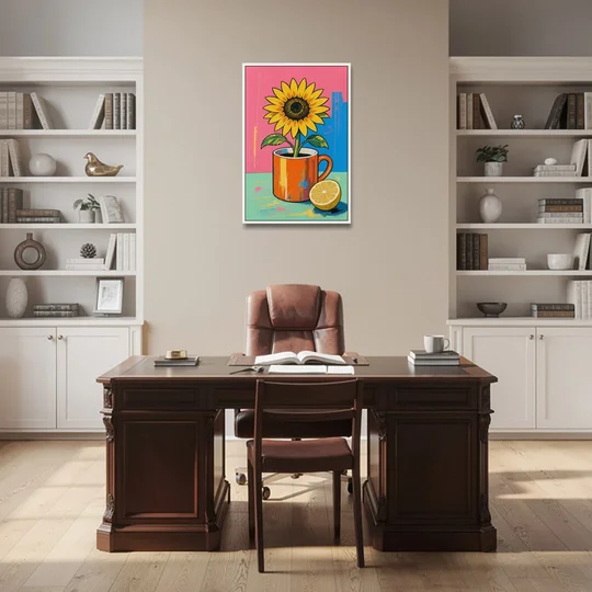 Sunflower Coffee Mug with Lemon for the Kitchen - White Framed Canvas Wall Art - Office - 24x36