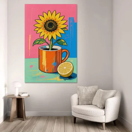 Sunflower Coffee Mug with Lemon for the Kitchen - Canvas Wall Art - Sofa - 40x60