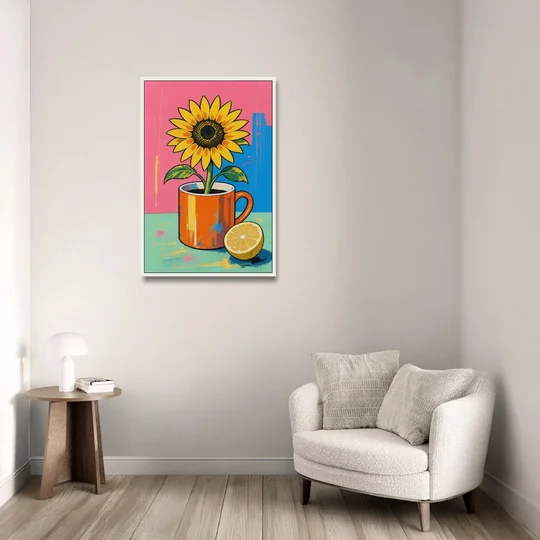 Sunflower Coffee Mug with Lemon for the Kitchen - White Framed Canvas Wall Art - Sofa - 24x36