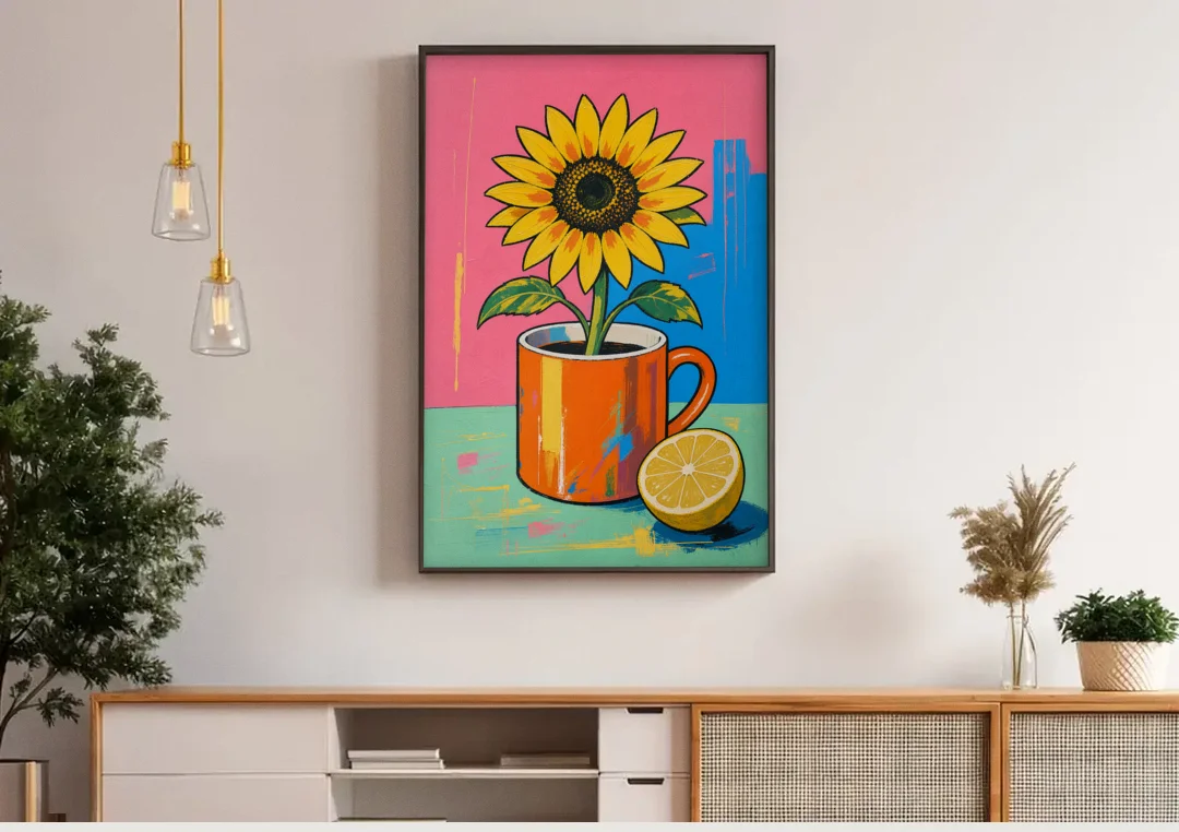 Sunflower Coffee Mug with Lemon for the Kitchen canvas wall art above a wooden sideboard under pendant lights