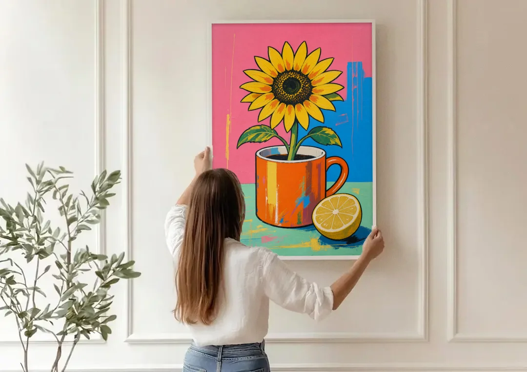 Sunflower Coffee Mug with Lemon for the Kitchen canvas wall art being hung on a paneled wall