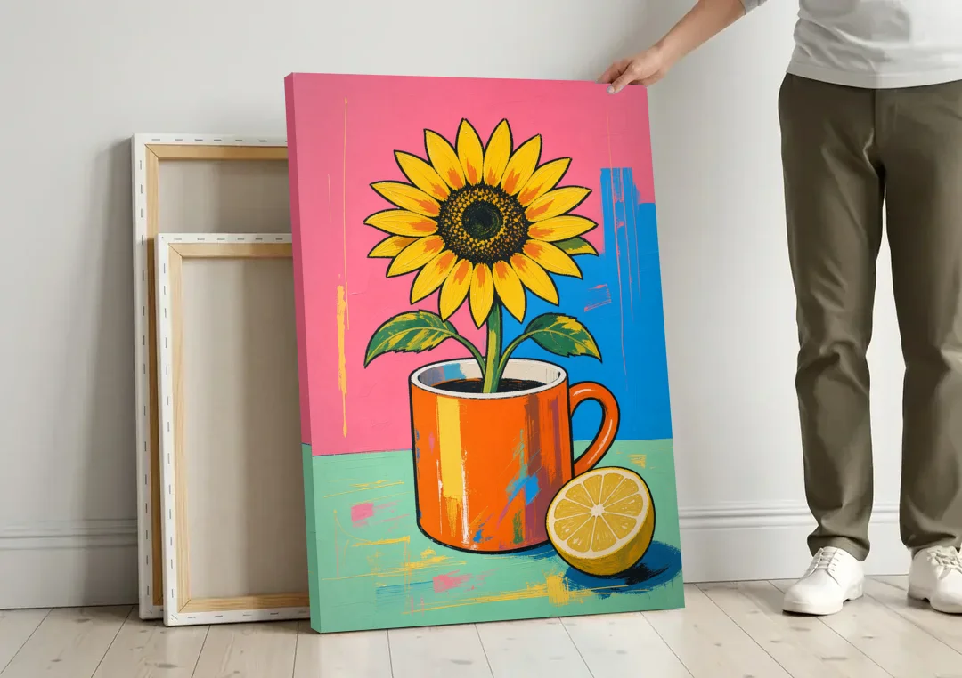 Sunflower Coffee Mug with Lemon for the Kitchen canvas wall art leaning against a wall next to blank canvases