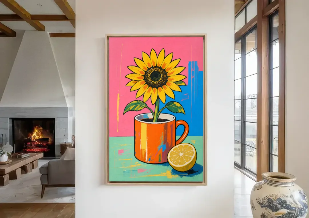 Sunflower Coffee Mug with Lemon for the Kitchen canvas wall art in a living room with a fireplace