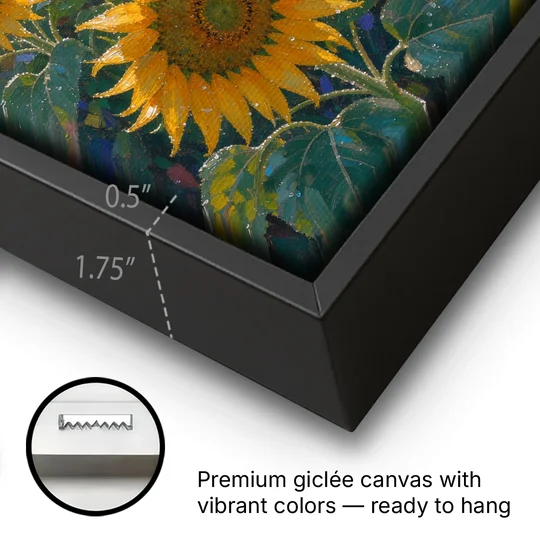 Sunflower Field Canvas at Dewy Sunrise - Black Framed Canvas Wall Art - Gallery Wrap Corner