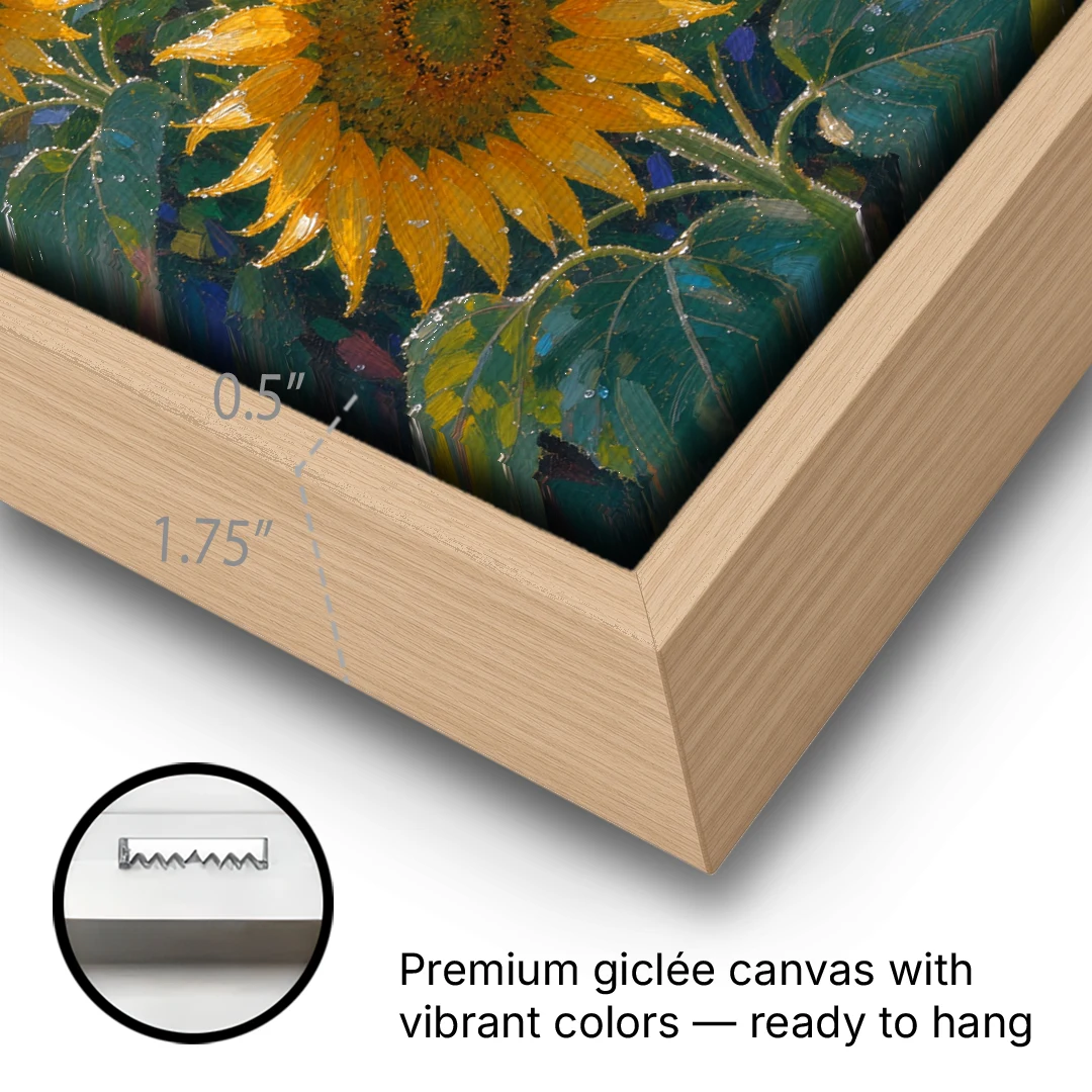 Sunflower Field Canvas at Dewy Sunrise - Oak Framed Canvas Wall Art - Gallery Wrap Corner
