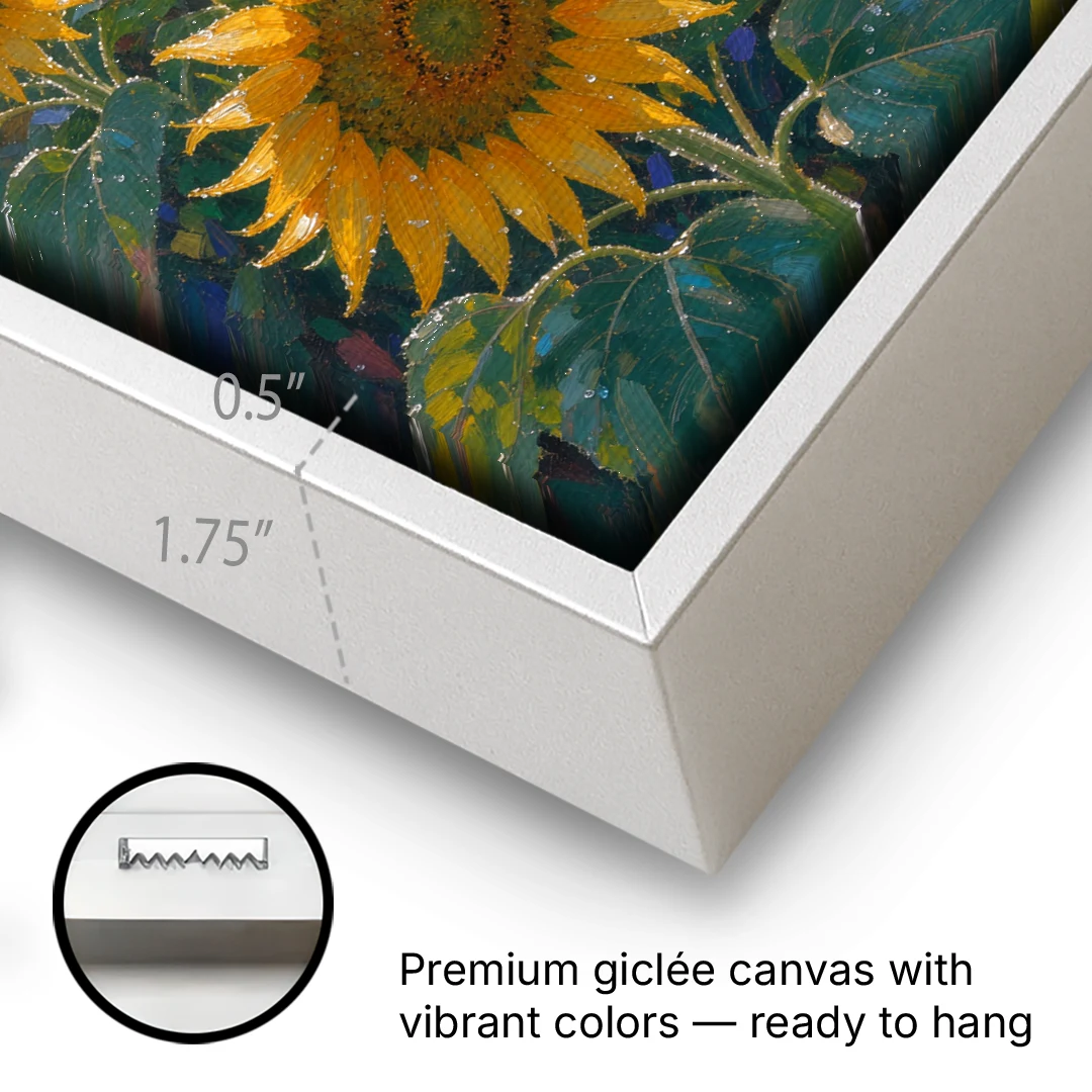 Sunflower Field Canvas at Dewy Sunrise - White Framed Canvas Wall Art - Gallery Wrap Corner