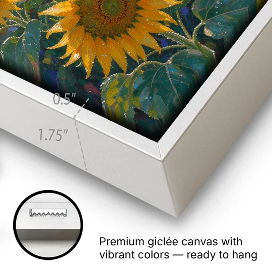 Sunflower Field Canvas at Dewy Sunrise - White Framed Canvas Wall Art - Gallery Wrap Corner