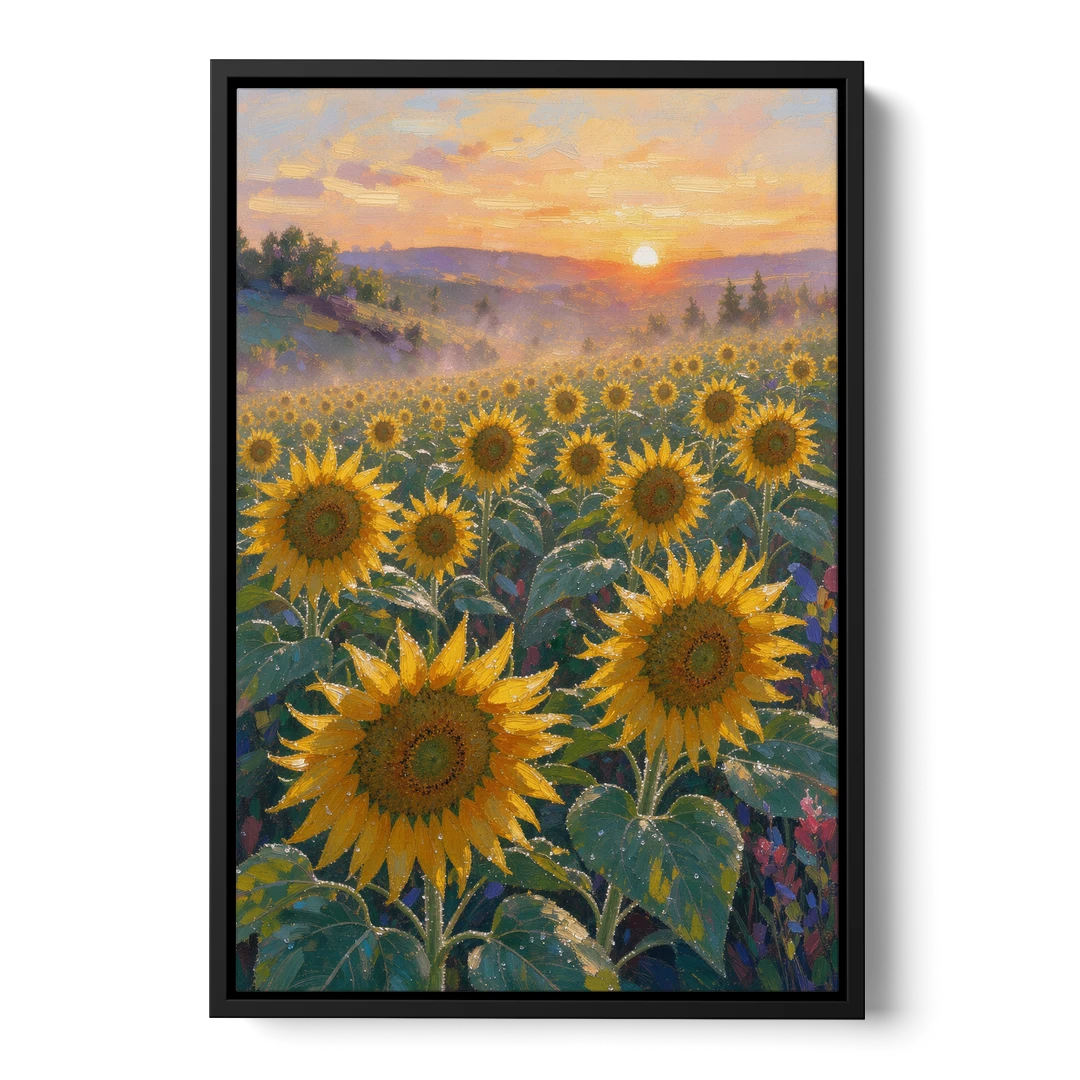 Sunflower Field Canvas at Dewy Sunrise - Black Framed Canvas Wall Art - Front